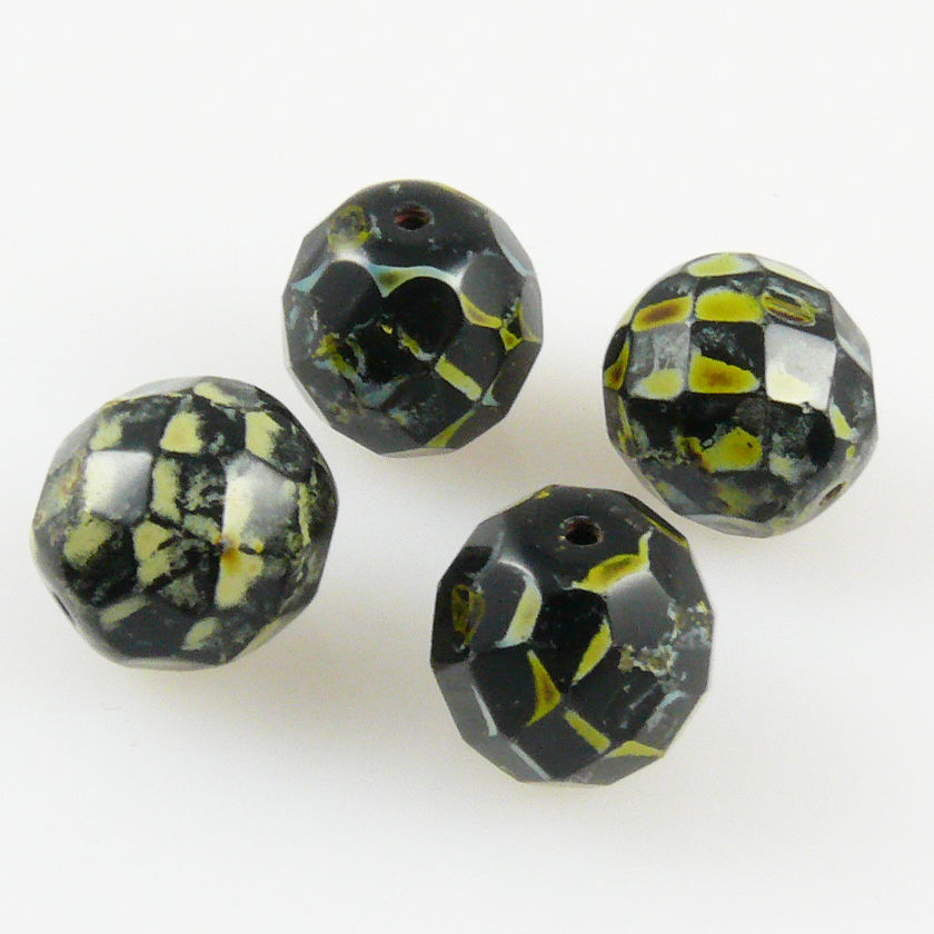 4x edle Glasschliffperlen facettiert 12mm schwarz schilfgrün Böhmische Glasperlen