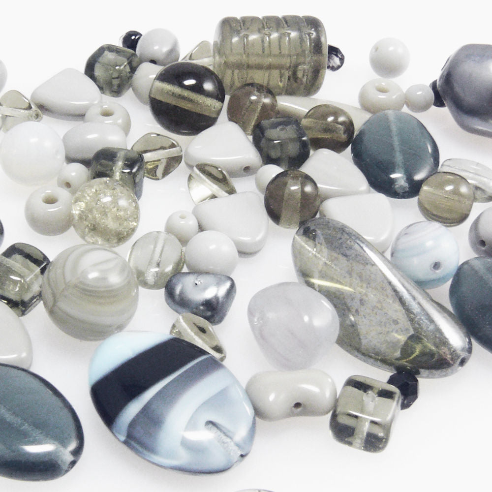 Bastelset aus 60 St. Glasperlen grau grau-blau Mix 4-19mm Glas Beads Perlenmix