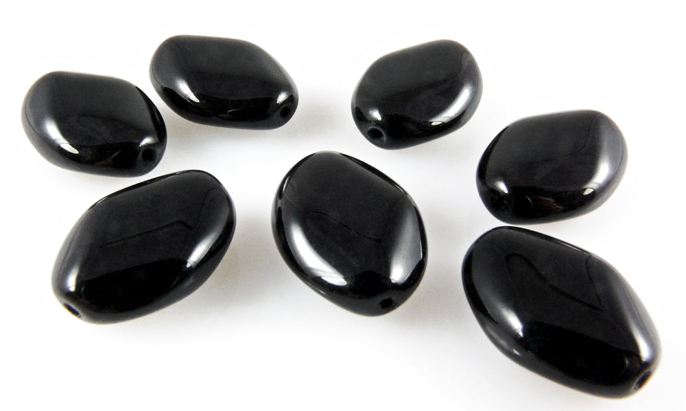7 St. Glasperlen oval schwarz 18mm mit Fädelloch Böhmische Perlen zum Basteln