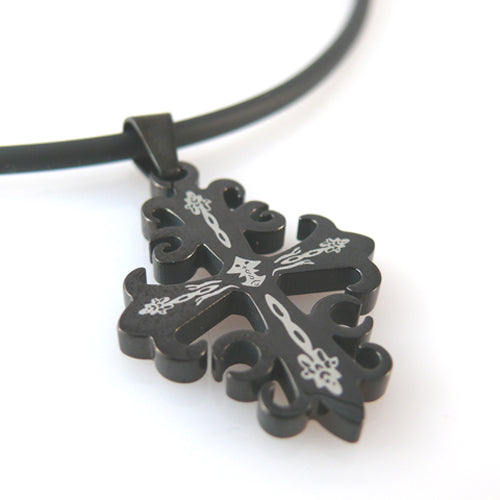 Halskette mit Kreuzanhänger aus Edelstahl Kette 45cm schwarz Kauschuk -516