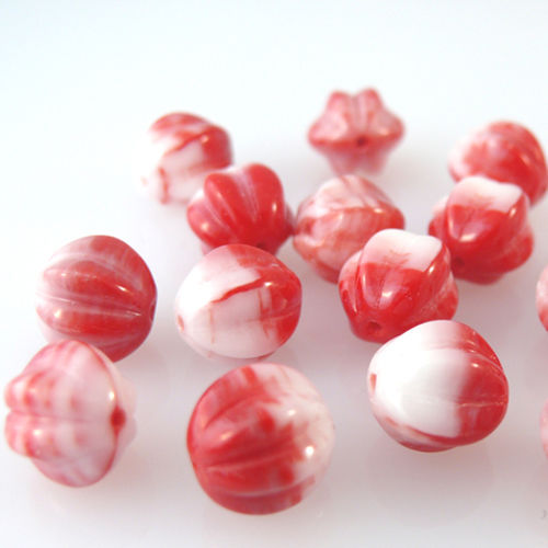 15 Farbenfrohe Glasperlen Kugeln 10mm rot-weiß gerillt Bastelperlen -1252