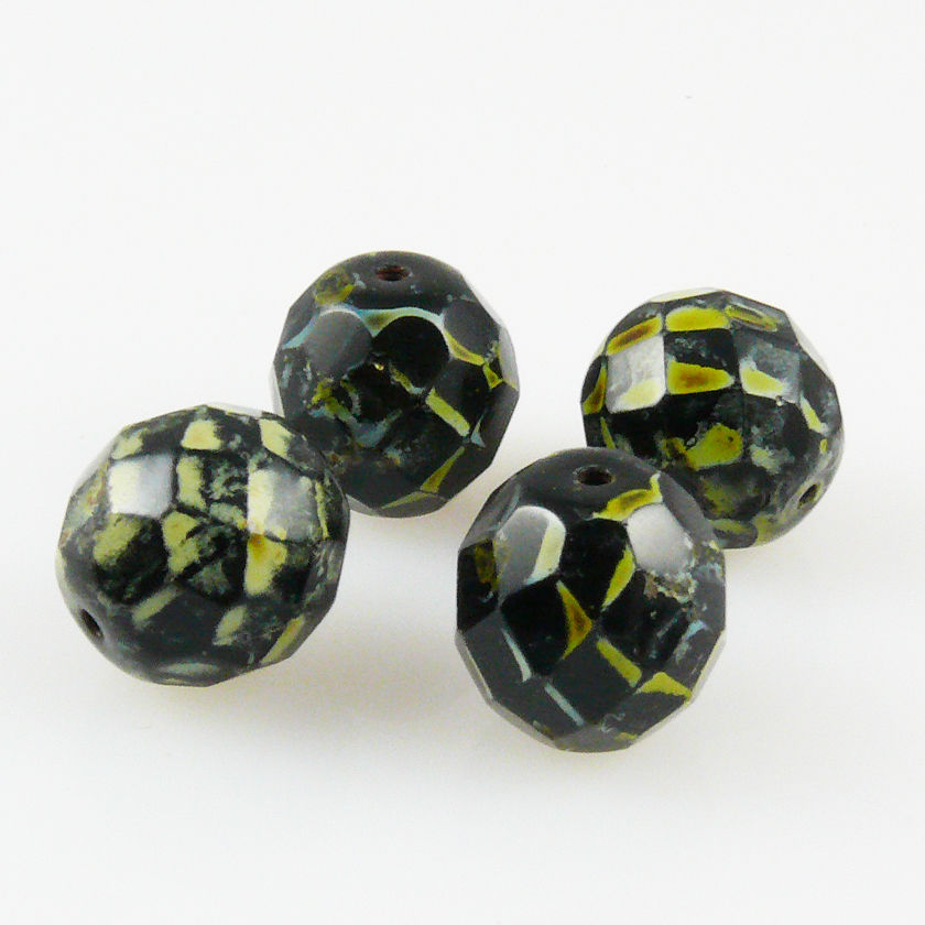 4x edle Glasschliffperlen facettiert 12mm schwarz schilfgrün Böhmische Glasperlen