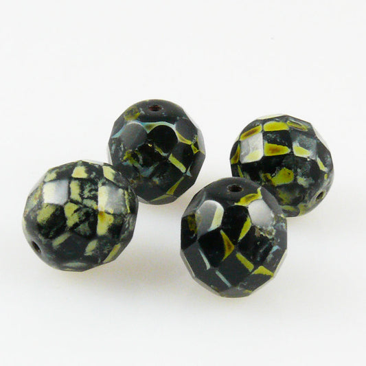 4x edle Glasschliffperlen facettiert 12mm schwarz schilfgrün Böhmische Glasperlen