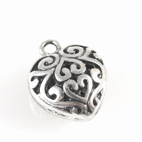 edler Herz Metallanhänger 16mm Herzanhänger altsilber verziert Metallperle -1116