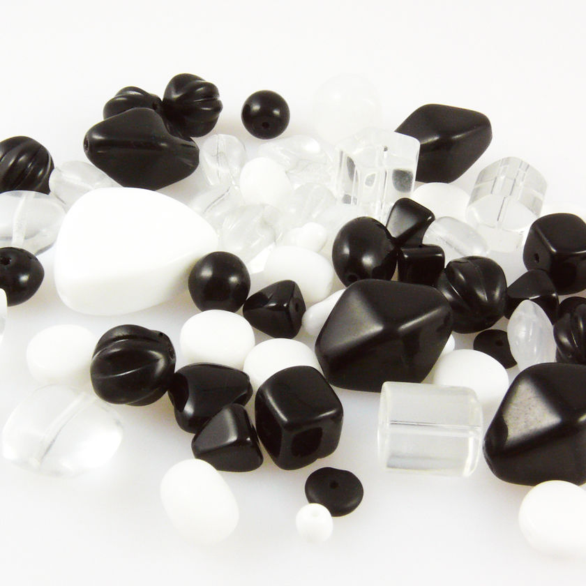 Perlenmischung 60 Glasperlen 3-17mm schwarz weiß kristall Perlen Mix -676