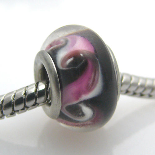Großlochperlen Glas Bead schwarz-pink 14mm Glasperle Glasbead -265