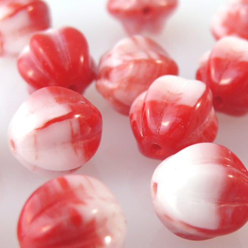15 Farbenfrohe Glasperlen Kugeln 10mm rot-weiß gerillt Bastelperlen -1252