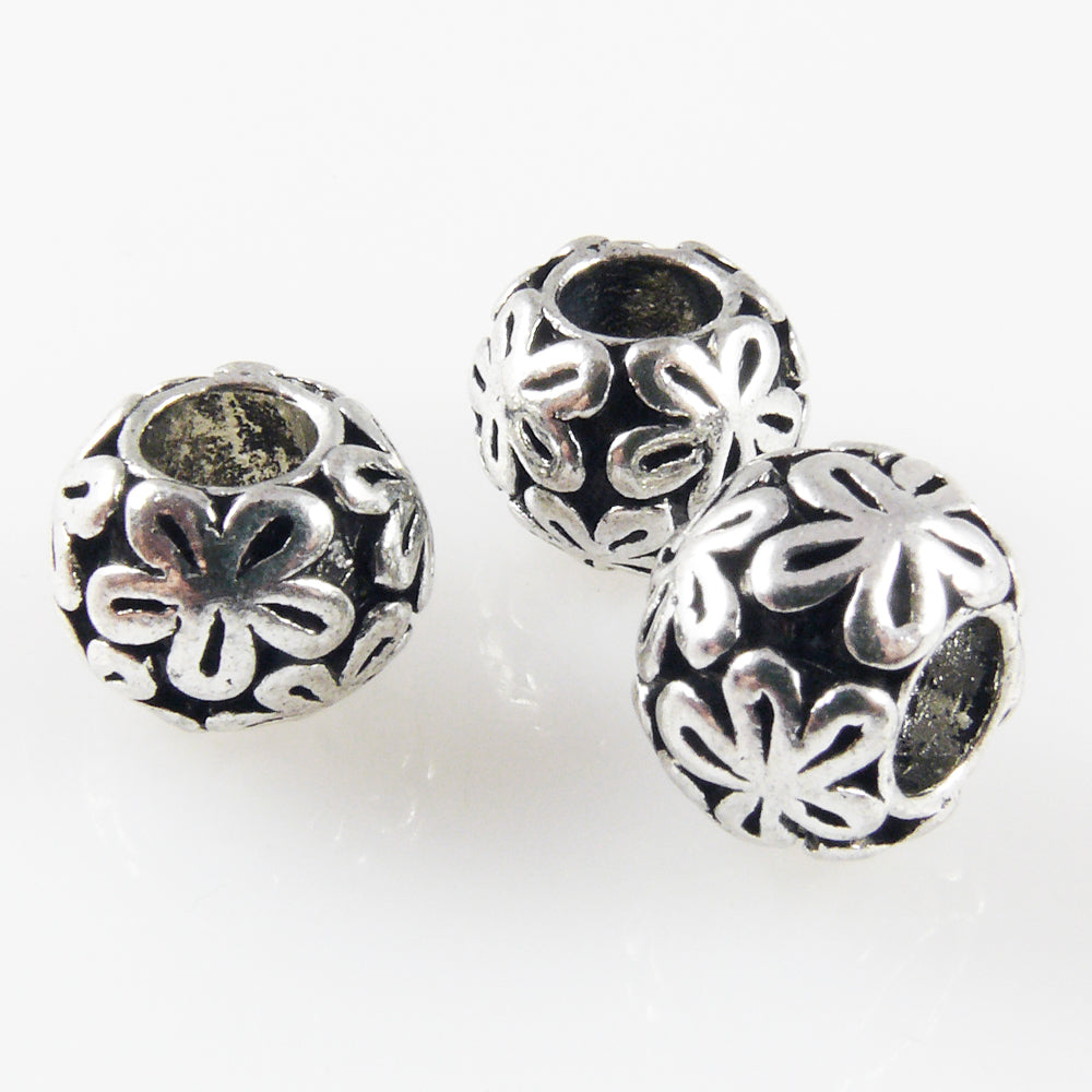 3x Metallperlen 13mm altsilber Großlochperlen Charms Blumen Beads -1704