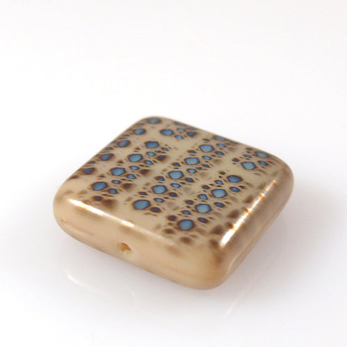 1 veredelte Glasperle Kissen beige blau 18mm Perlen zum Schmuck herstellen -254
