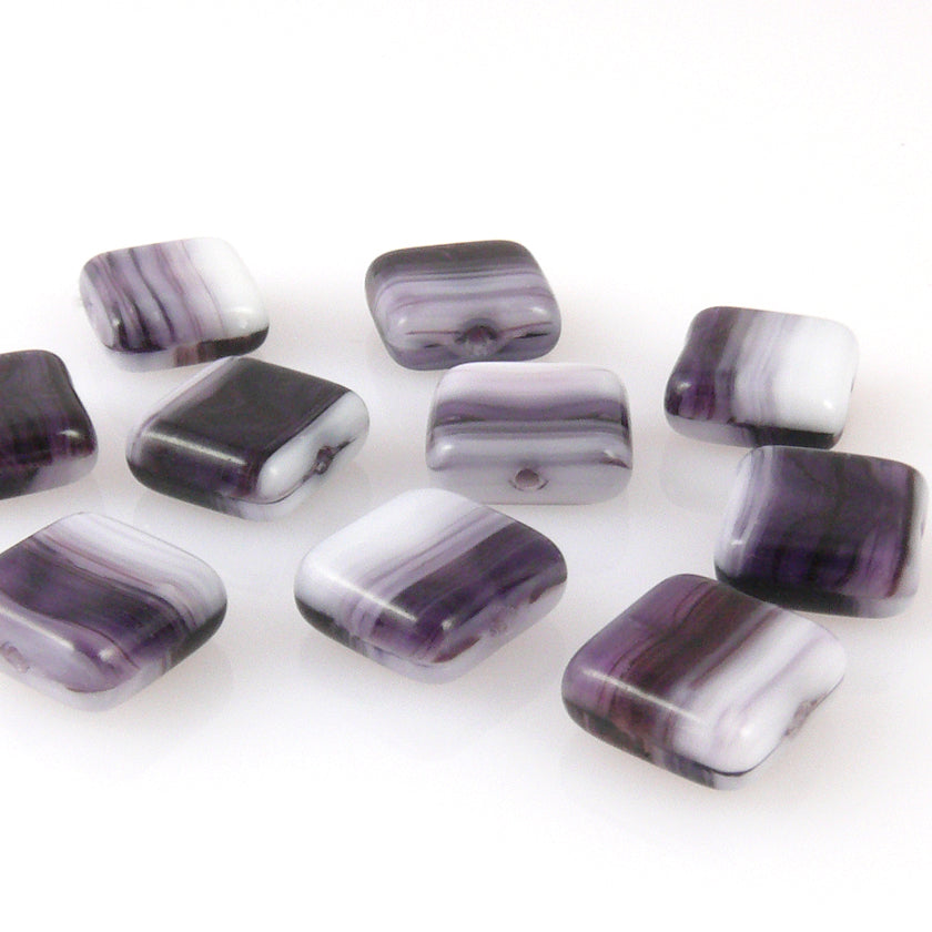 10 edle Glasperlen Quadrat Kissen 10mm Perlen lila weiß gemasert zum Basteln-426