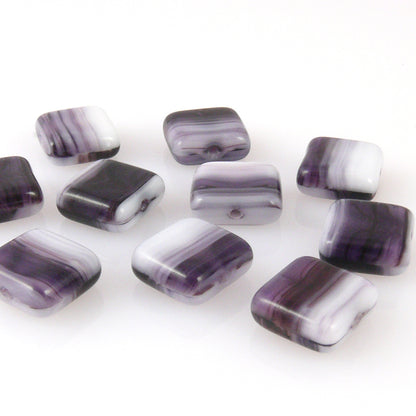 10 edle Glasperlen Quadrat Kissen 10mm Perlen lila weiß gemasert zum Basteln-426
