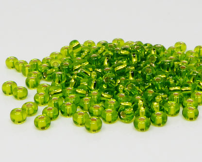 Rocailles 5/0 Glas Perlen mit Silbereinzug 4mm olivgrün 170x Glasperlen Beads -1529