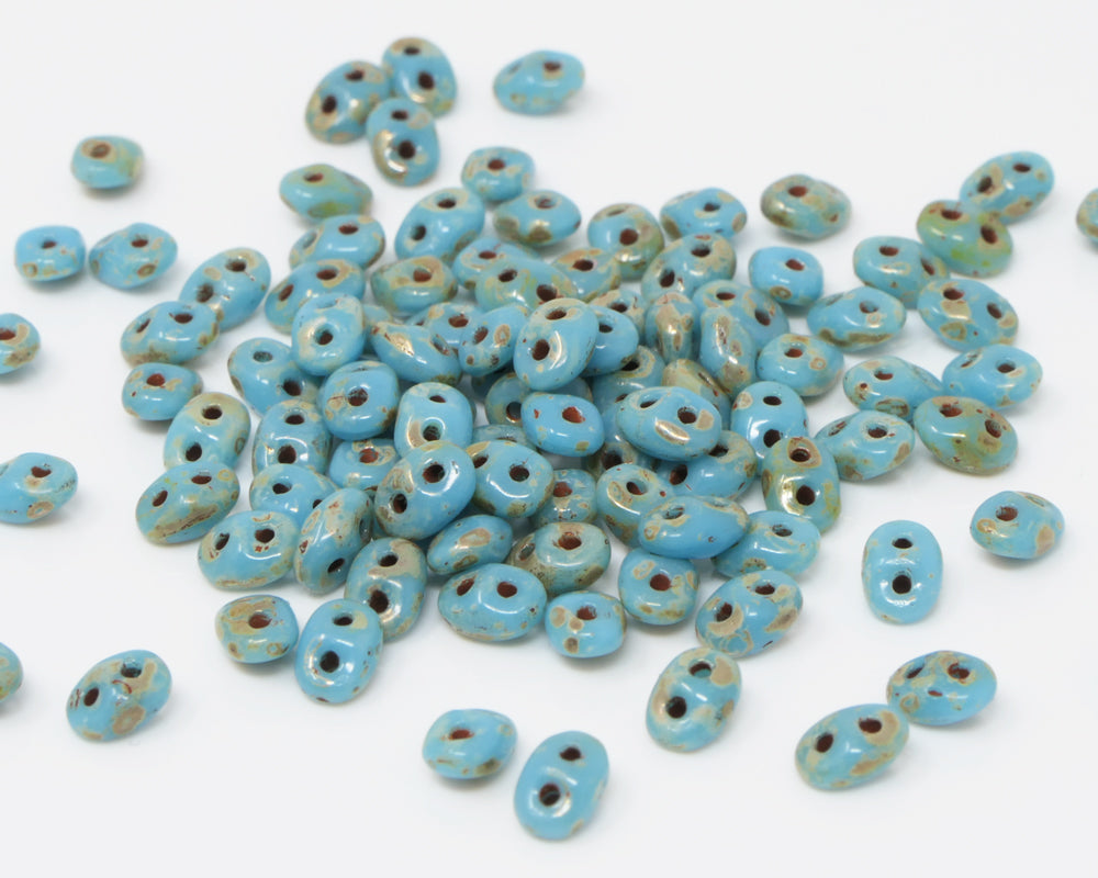 Twin Beads Super Duo 5mm Glasperlen 100x Perlen mit Loch zum Auffädeln Hellblau Travertin